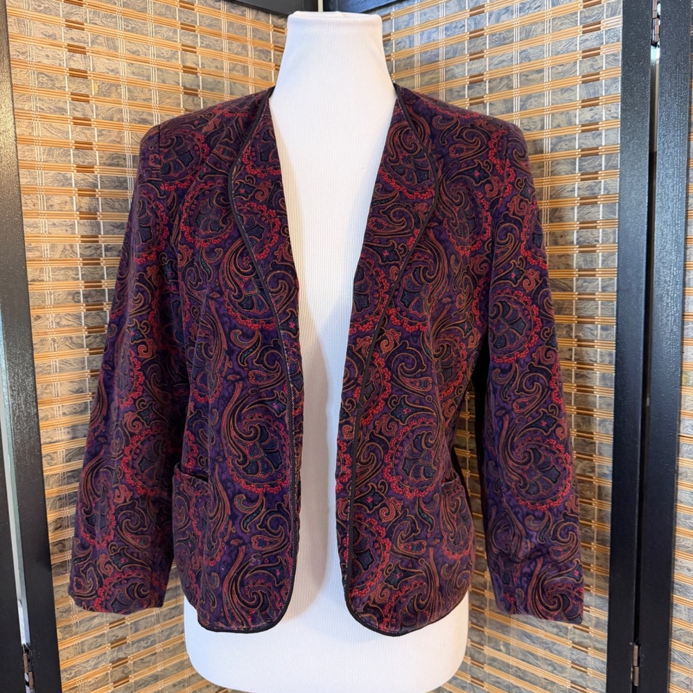 Bryn Connelly Blazer‎ Women 10P Purple 90s Romantic Paisley Open Front Jacket